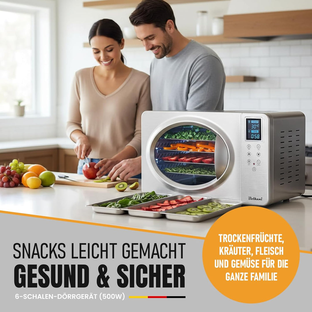 Dörrautomat Edelstahl, Dörrgerät & Food Dehydrator, 6 Dörrtabletts, 500W, LED-Display, 30–90°C, 24h