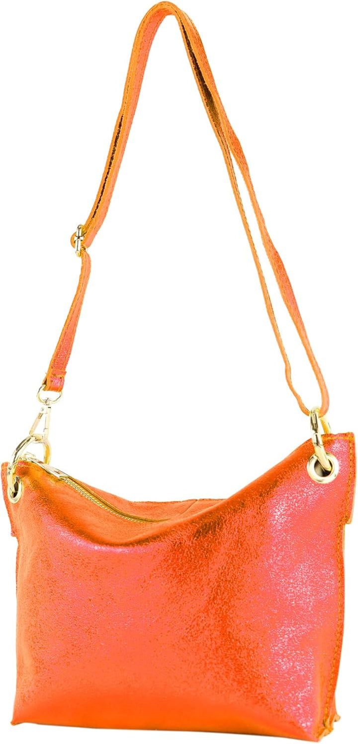 modamoda de - T243 - ital. Umhängetasche Klein Small aus Leder Orange-metallic, Orange-metallic