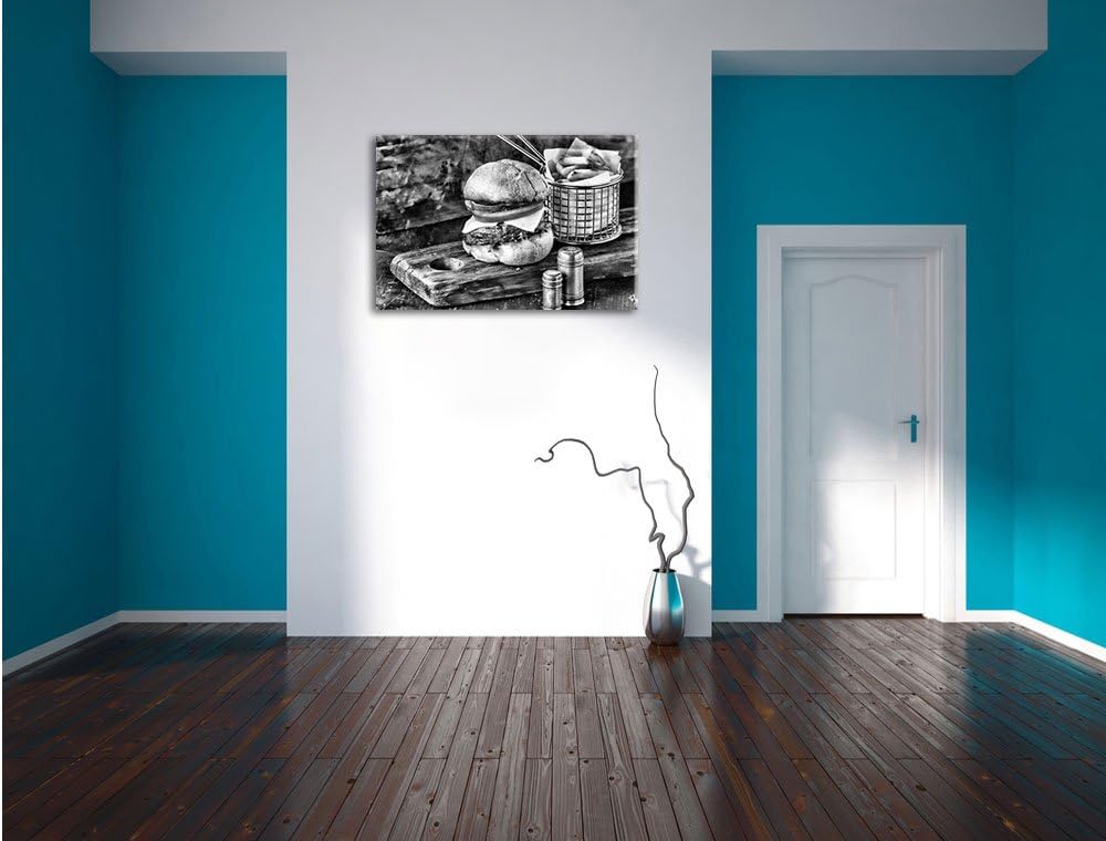 Pixxprint Cheesburger mit Pommes/Format: 100x70cm / Leinwandbild fertig bespannt Wandbild Kunstdruck