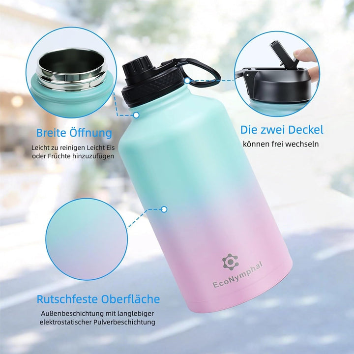 Edelstahl trinkflasche 1.9L - Isolierflasche mit Strohhalm &amp; 2 Deckeln - 100% Auslaufsicher - Reinig