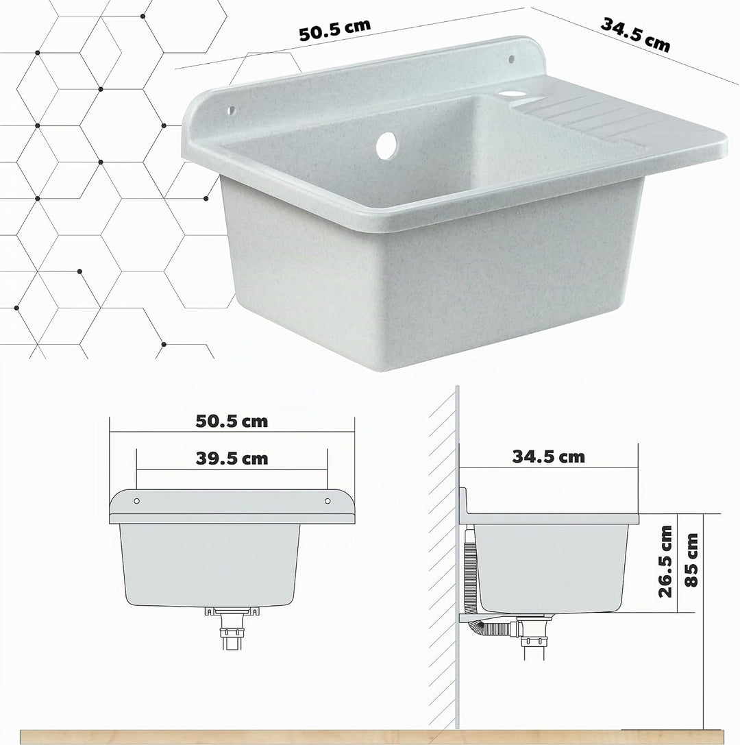 GOSPO Ausgussbecken aus Polypropylen, 50,4 x 34 x 26,5 cm, Spülbecken mit Siphon und Montageset, Was
