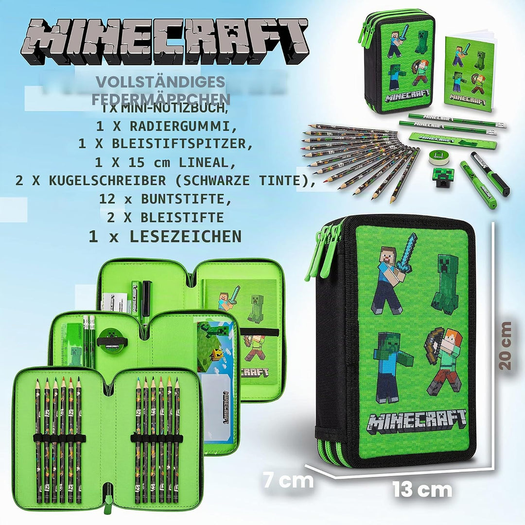 Minecraft Federmäppchen Jungen und Mädchen Mäppchen Gefüllt Creeper Federmappe mit Schreibwaren Game