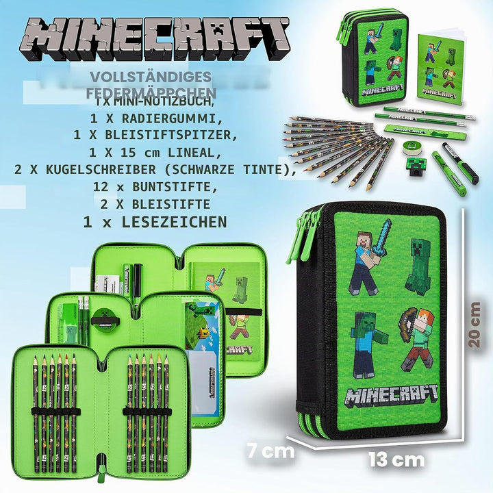 Minecraft Federmäppchen Jungen und Mädchen Mäppchen Gefüllt Creeper Federmappe mit Schreibwaren Game
