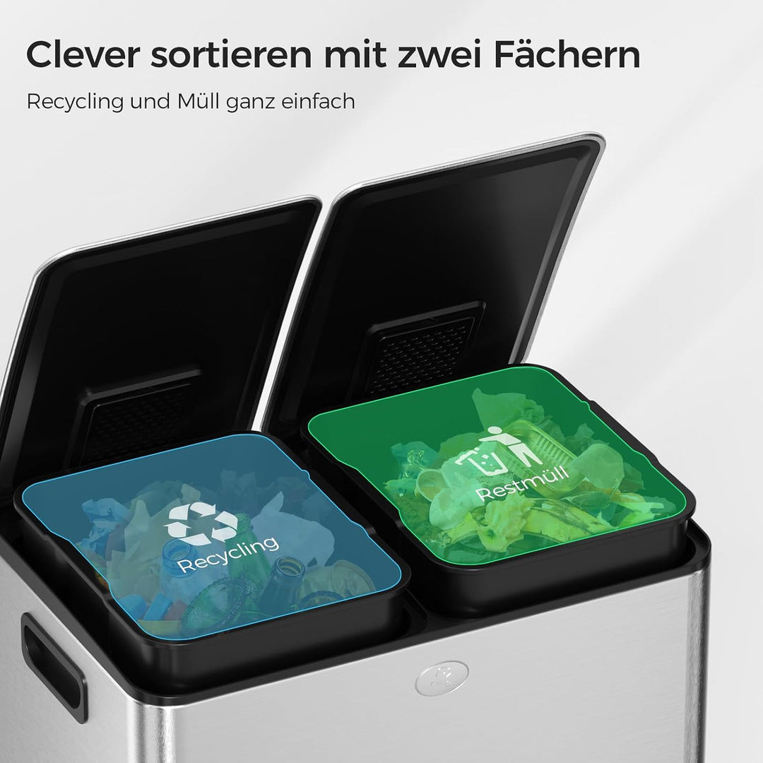 YASHE Mülleimer 2 Fächer mit Deckel, 2x30L Mülleimer Küche, Tretmülleimer Edelstahl mit 20 Müllbeute