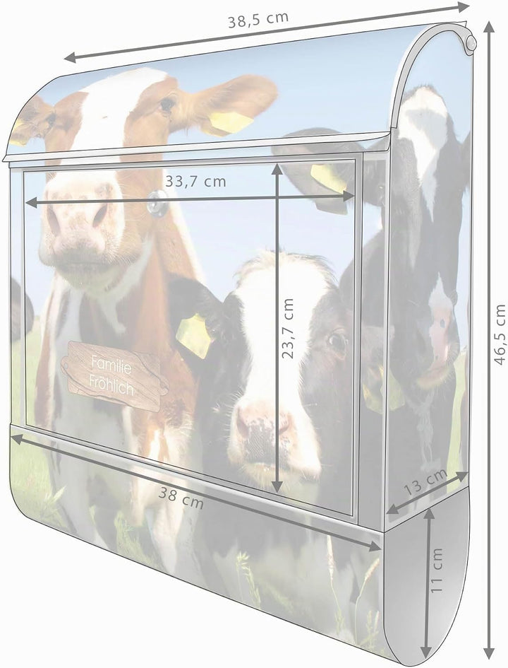 banjado® Design Briefkasten personalisiert Kühe 38,5x46,5x13cm &amp; 2 Schlüssel - Briefkasten Stahl Sil
