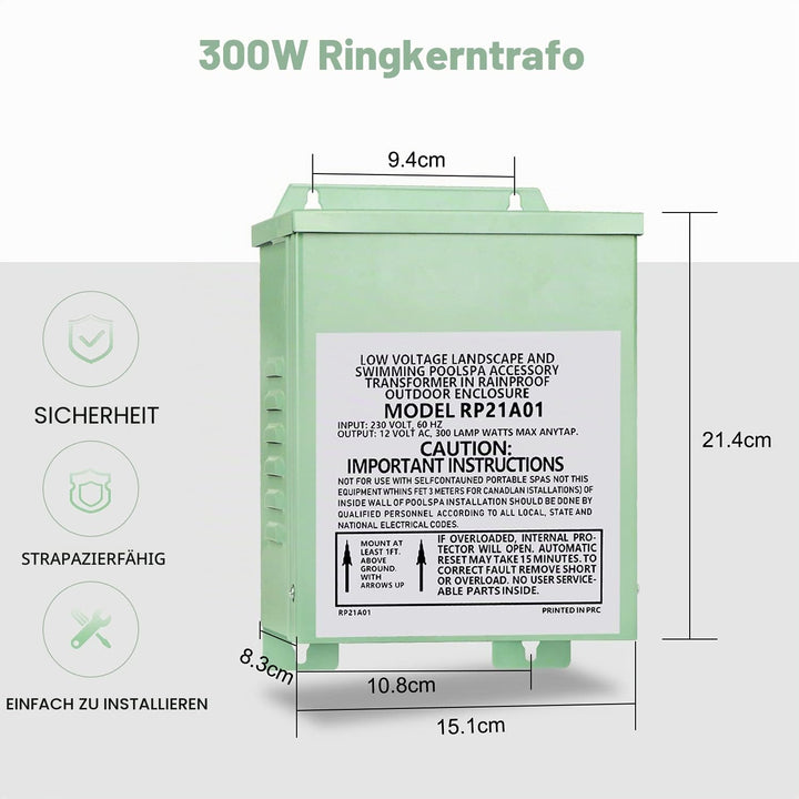 COOLWEST LED Trafo 12V 300W, LED Transformator 230V Auf 12V AC für Niederspannung Poolbeleuchtung, S