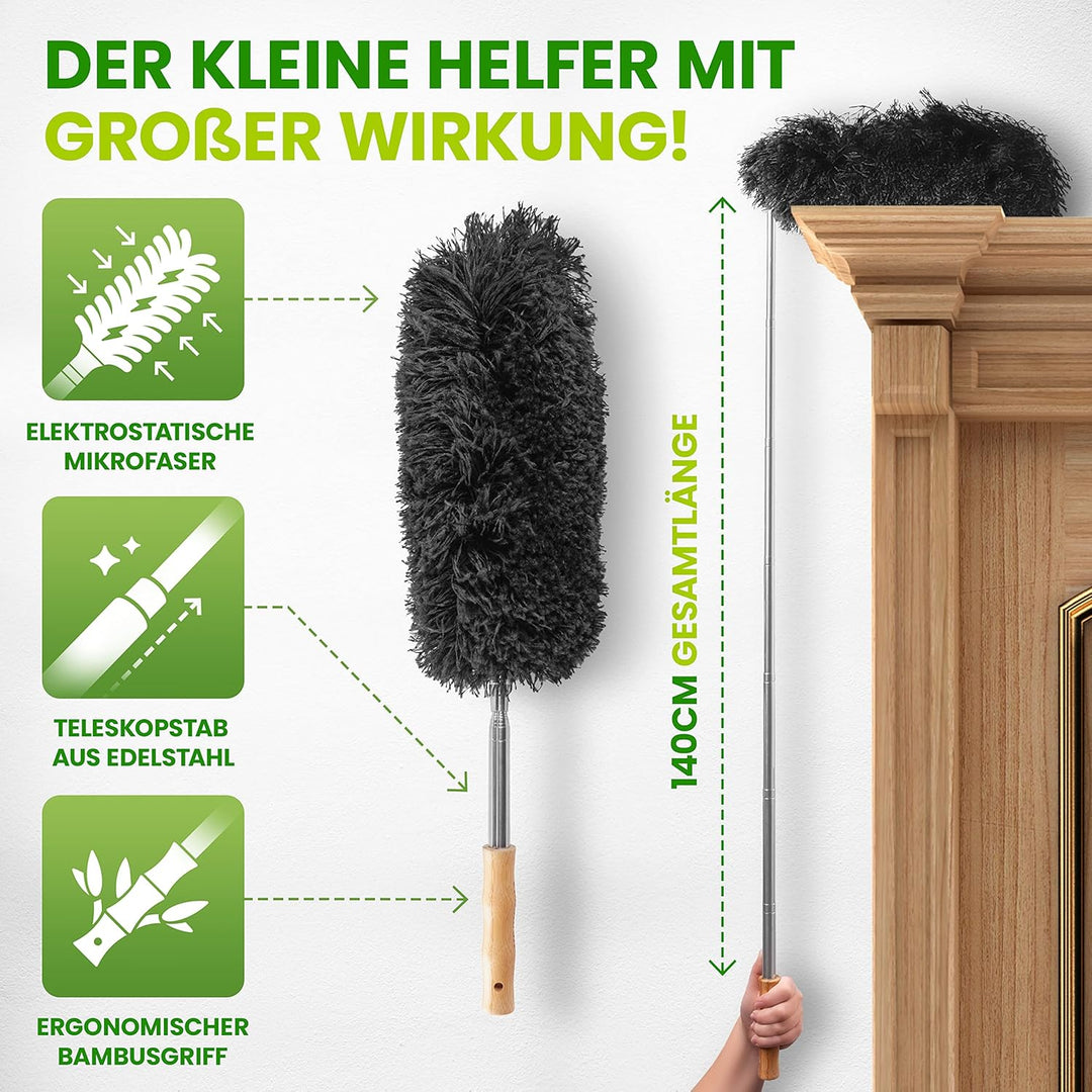 Staubwedel Teleskop - Effektiver Staubfänger mit speziellen Mikrofaser - Bambusgriff - Hergestellt a