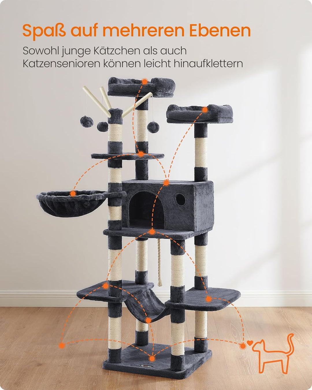 Feandrea Kratzbaum, XXL Katzenbaum, 164 cm, rauchgrau PCT087G01, Rauchgrau