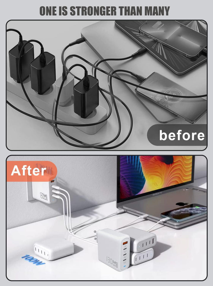 130W USB C Ladegerät, Type C PD 100W+QC 30W PPS GaN Netzteil mit 100W Schnellladekabel 4-Port USB C