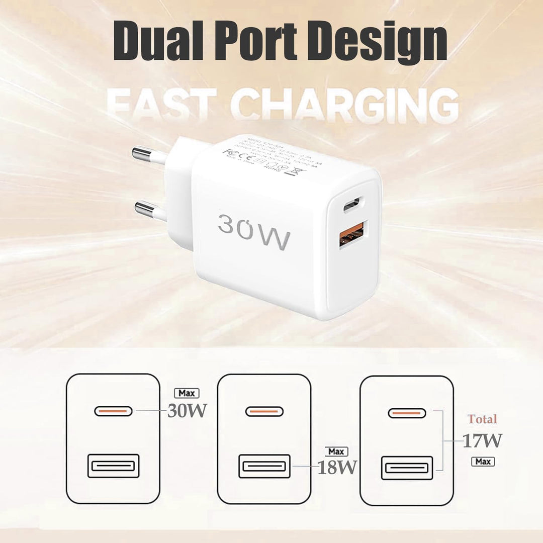 30W USB C Ladegerät Ladekabel, 3 Stück 2-Port PD Schnellladegerät mit 2M Kabel, USB C Stecker Netzte