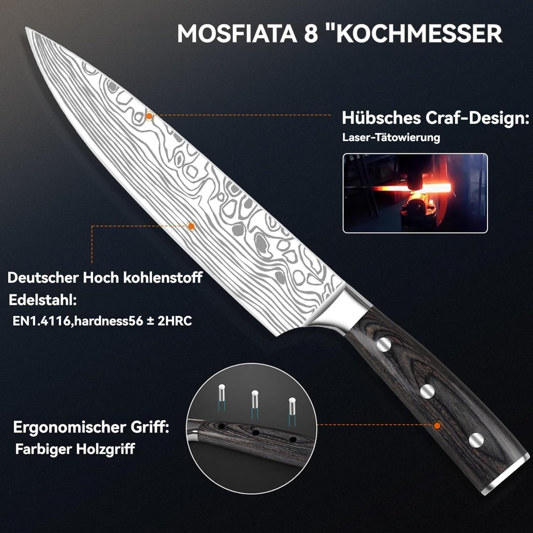 Kochmesser Set 5pcs aus Hochwertigem Edelstahl Profi Küchenmesser Set mit Kochmesser Brotmesser Naki