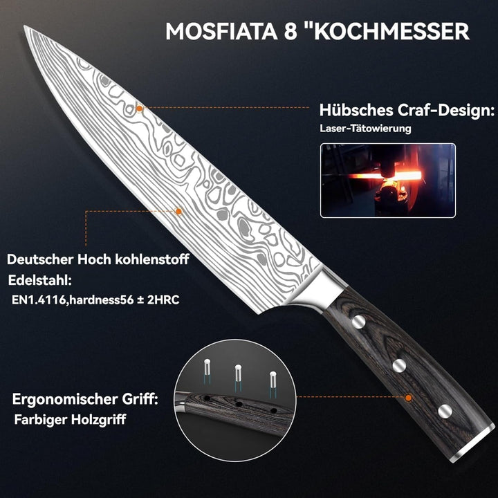 Kochmesser Set 5pcs aus Hochwertigem Edelstahl Profi Küchenmesser Set mit Kochmesser Brotmesser Naki