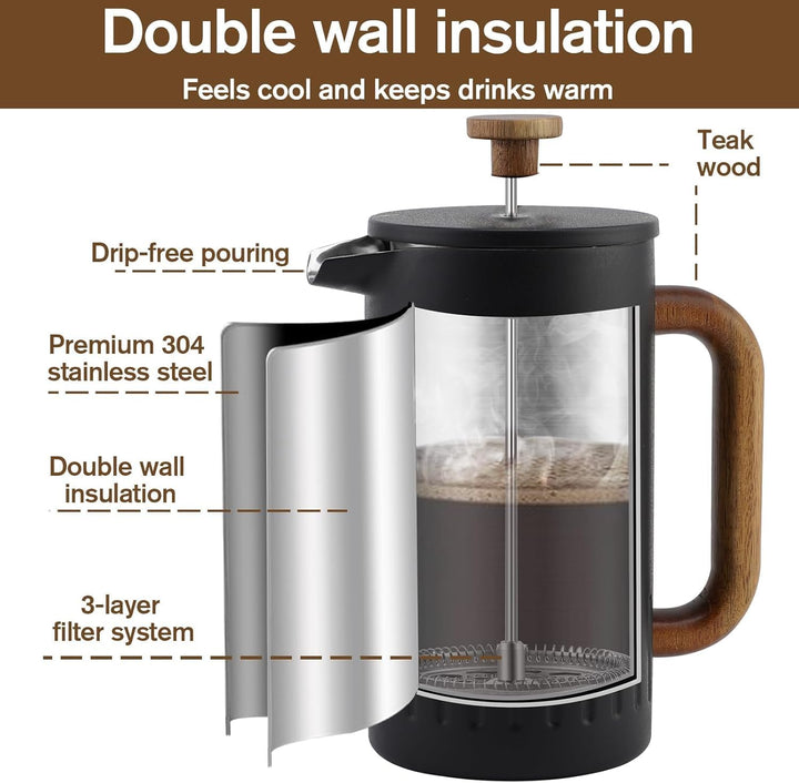 Rorence French Press 1L Edelstahl doppelwandig isoliert – Kaffeebereiter mit Holzgriff & Edelstahl-F