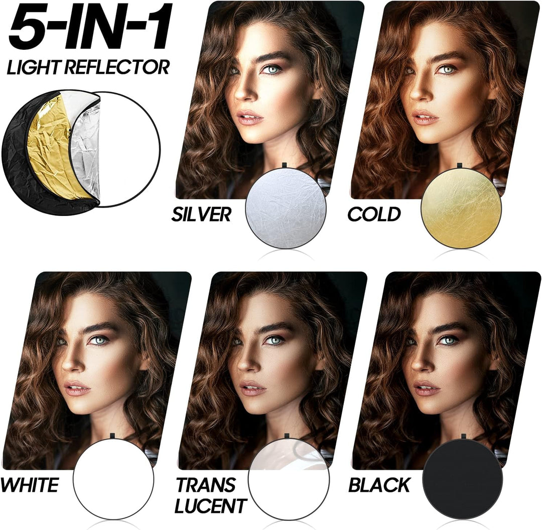 Spardar 110CM 5 in 1 Reflektor Mit Stativ, Runder Faltreflektor (Diffusor und Gold/Silber/Weiss/Schw