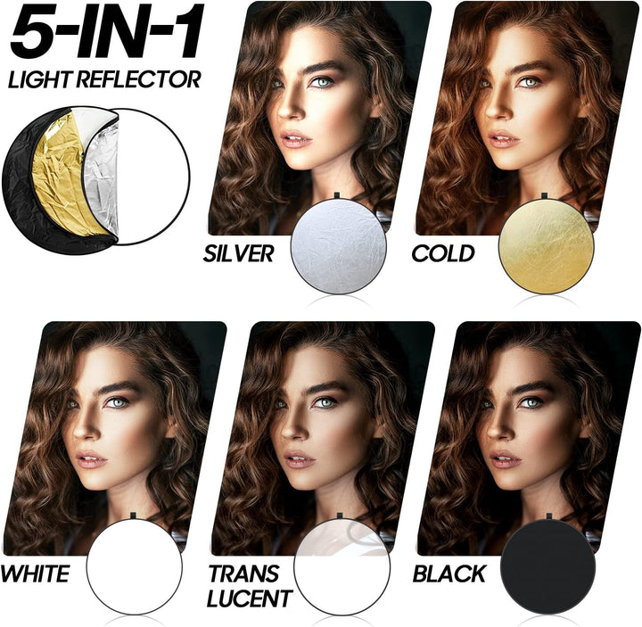 Spardar 110CM 5 in 1 Reflektor Mit Stativ, Runder Faltreflektor (Diffusor und Gold/Silber/Weiss/Schw