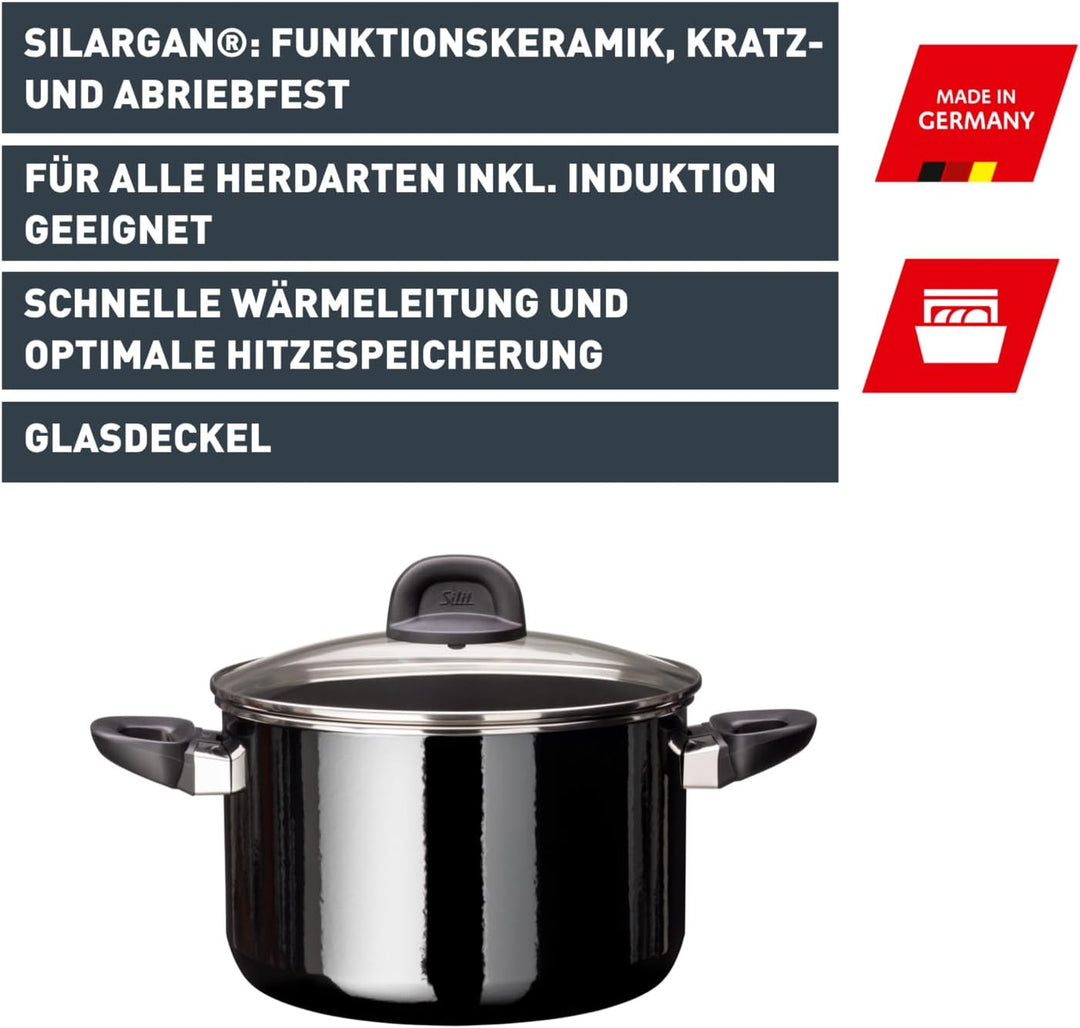 Silit Modesto Line Kochtopf gross 24cm, Nudeltopf mit Glasdeckel, Fleischtopf Induktion 6,4l, Silarg