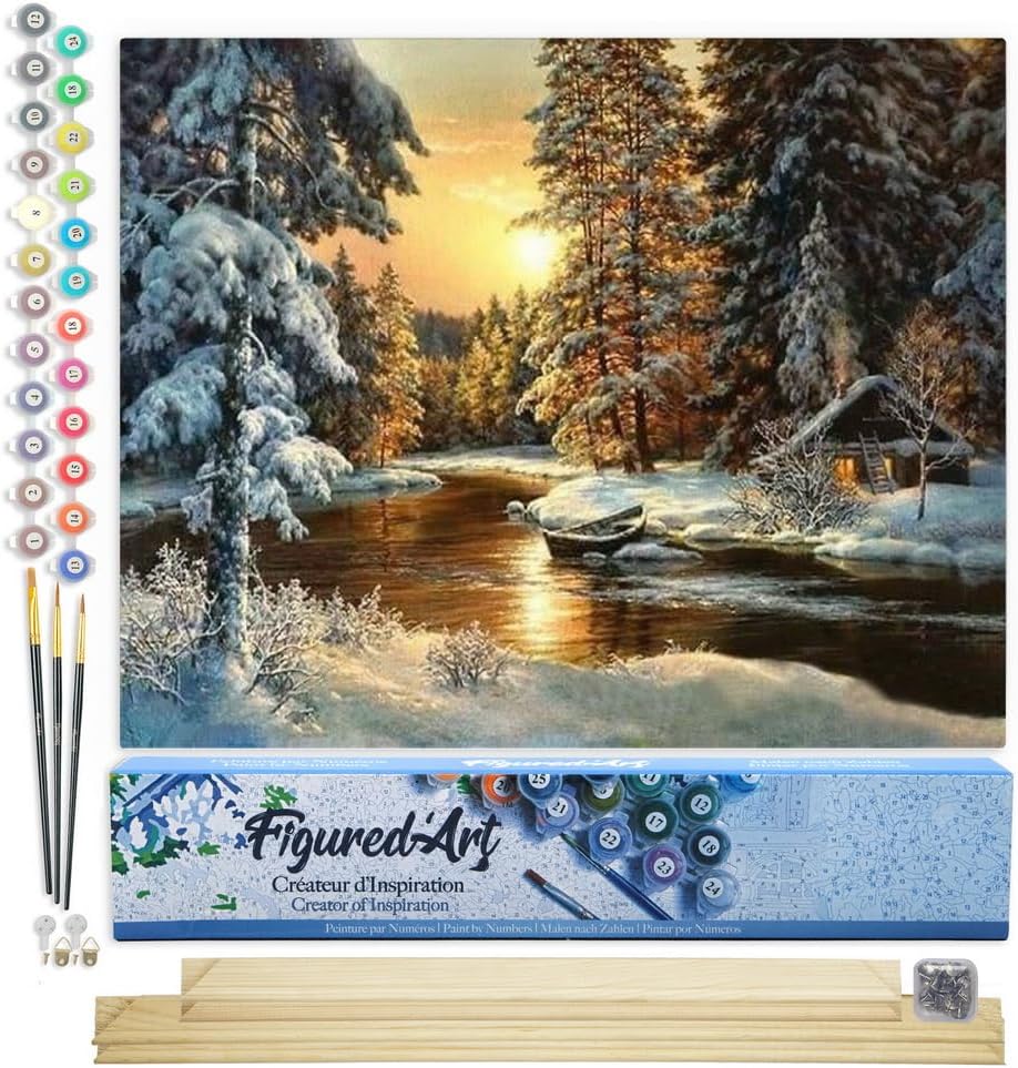 Figured'Art Malen Nach Zahlen Erwachsene Mit Rahmen Sonnenuntergang im Wald - Paint by Numbers Baste