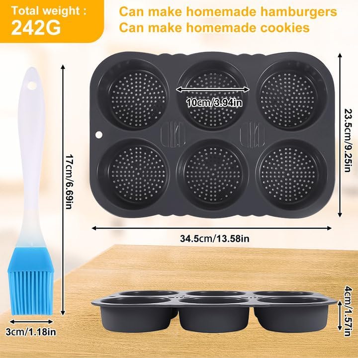 Burger Buns Backform, Brötchenbackformen Rund 10cm Ø Silikon Perforierte mit 6 Hohlräumen Brötchen B