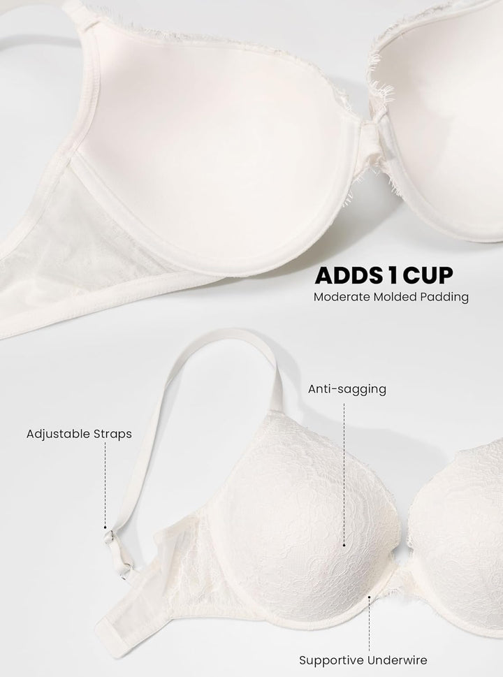 DOBREVA Damen Push Up BH mit Blumen Wimpern Spitze Sexy Bügel BHS Gepolstert 70D Kokosnuss Weiss, 70