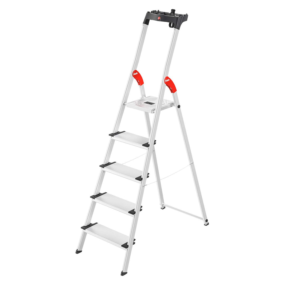 Hailo L80 ComfortLine Alu-Sicherheits-Stehleiter - 5 XXL-Stufen belastbar bis 150 kg - Tiefe Standfl