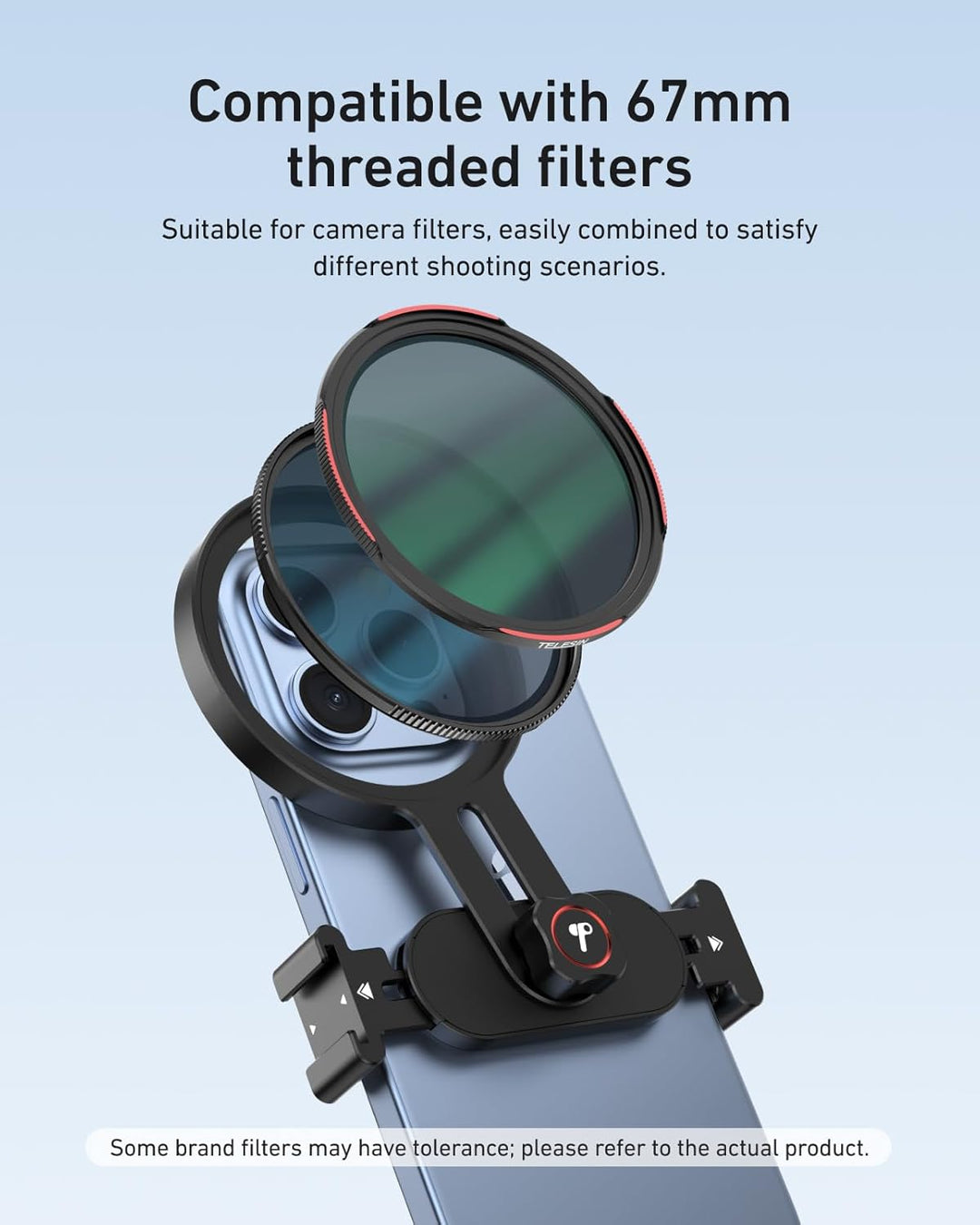 TELESIN Universal Handy Filterhalterung Geeignet für 67mm Filter, Clip-On Handykamera Filteradapter