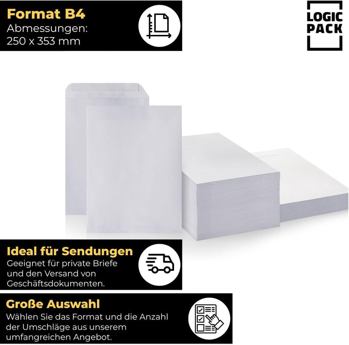 250 Briefumschläge ohne Fenster DIN B4 Umschläge Weiss haftklebend 250 x 353 mm 100g/m² Versandtasch