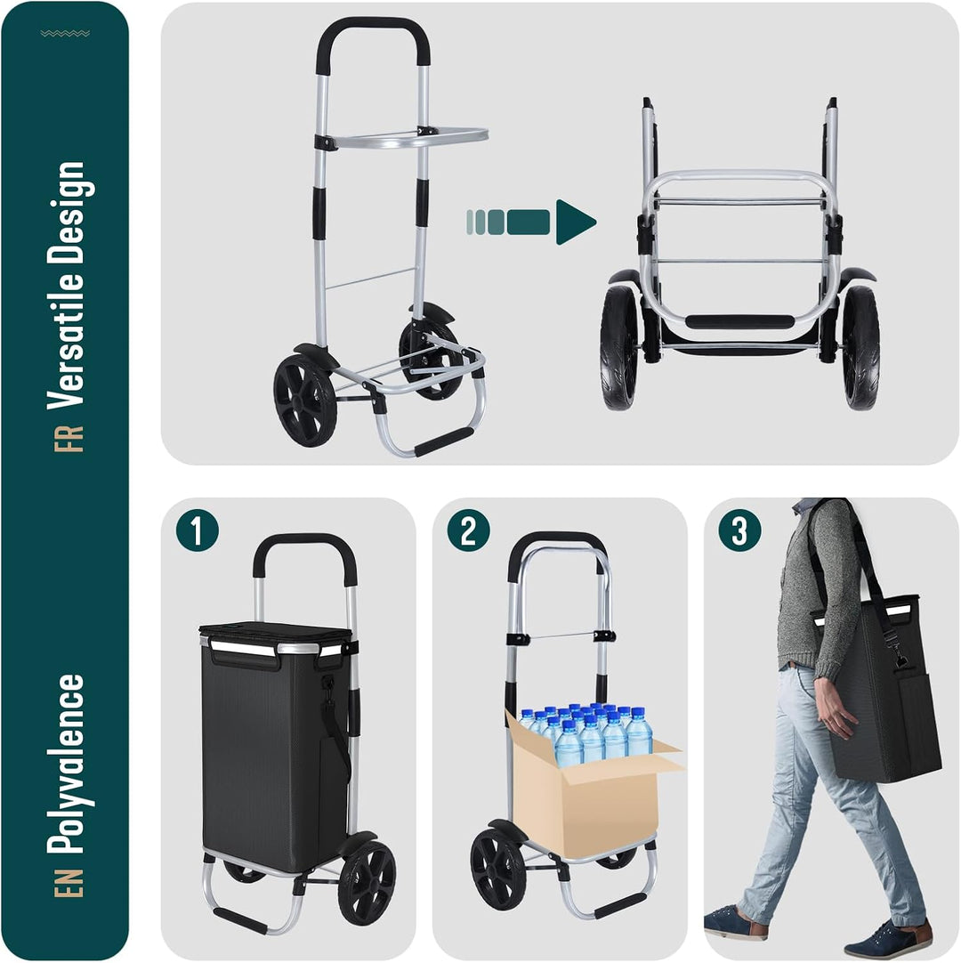 VOUNOT® Einkaufstrolley Klappbar aus Aluminium mit 58L Wasserdichter Tasche und Kühlfach, 2 Extra gr