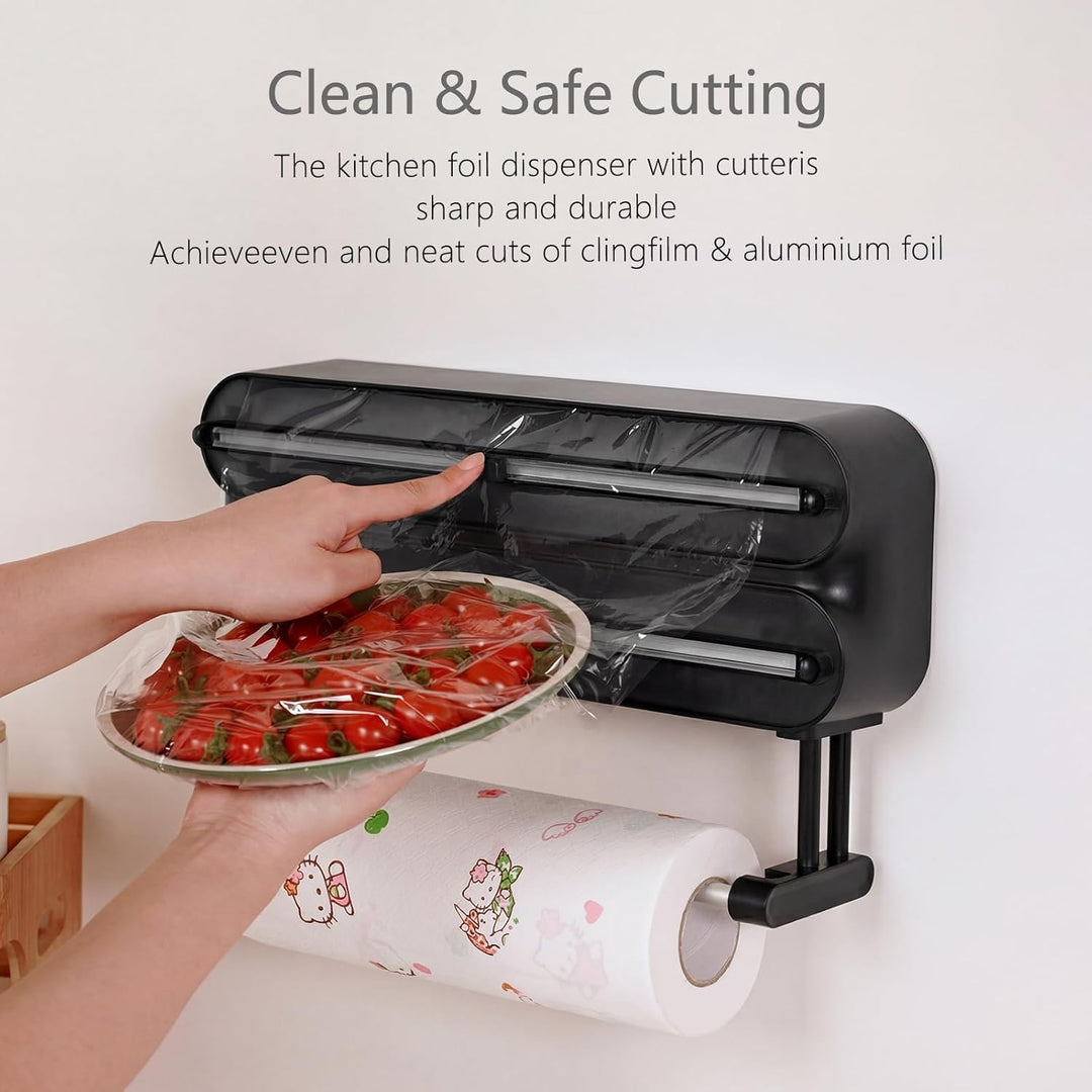 3 in 1 Frischhaltefolienspender mit Cutter, Küchenrollenhalterung mit Küchenrollenhalter, Alufoliens