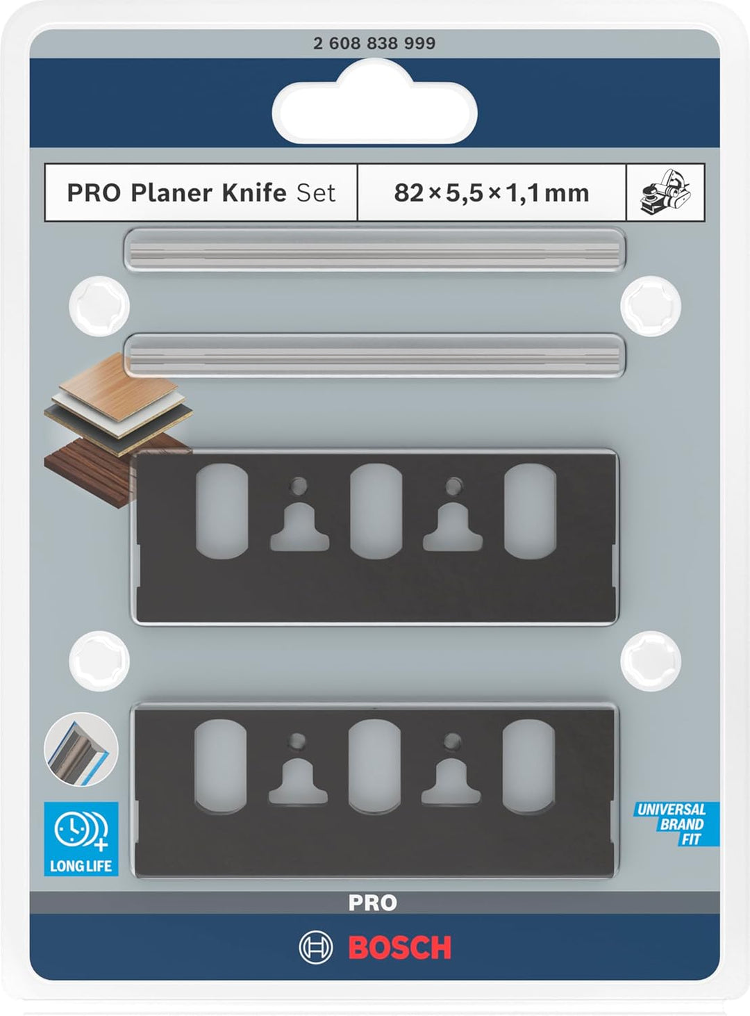 Bosch 1x PRO Hobelmesser-Set (für Kunststoffbeschichtete Platten, Hartholz, 82 x 5,5 x 1,1 mm, Profe