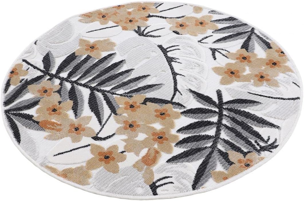 carpetfine In- und Outdoor Teppich Deja Rund Creme Ø 120 cm | Moderner Teppich Wetterfest für Balkon