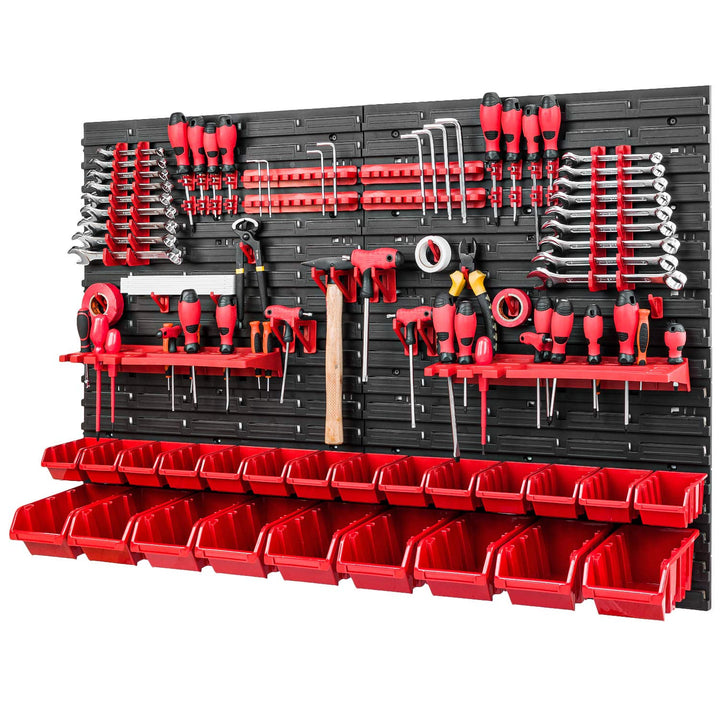 Werkzeugwand Stapelboxen - 1152 x 780 mm - Lagersystem SET Werkzeughaltern und 23 Rot Boxen - Wandre