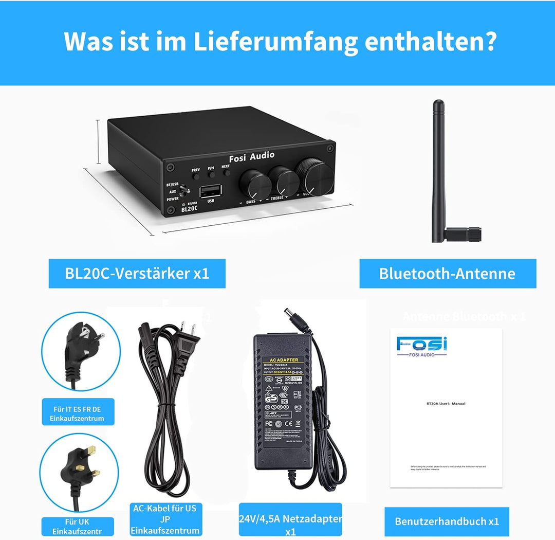 Fosi Audio BL20C HiFi Verstärker 320 Watt, Bluetooth 5.0 Mini 2.1 CH Klass-D TDA7498E Integrierter,
