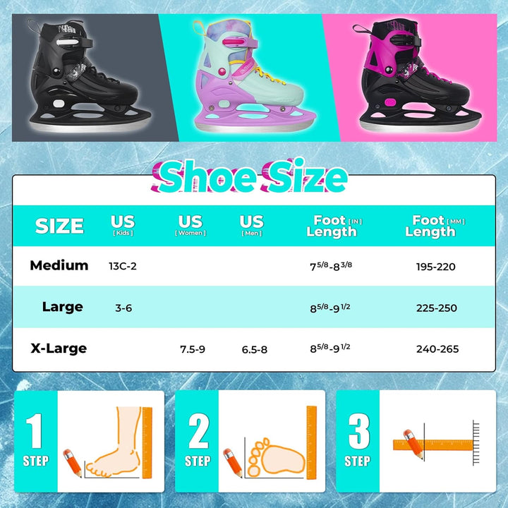 Nattork Ice Skates 4 Sizes Adjustable for Kids Boys Girls, Fun Beginner Ice Skating for Outdoor, Sof