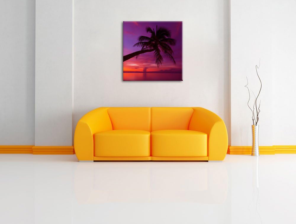 Pixxprint Palme am Meer mit Sonnenuntergang als Leinwandbild | Grösse: 70x70 cm | Wandbild | Kunstdr