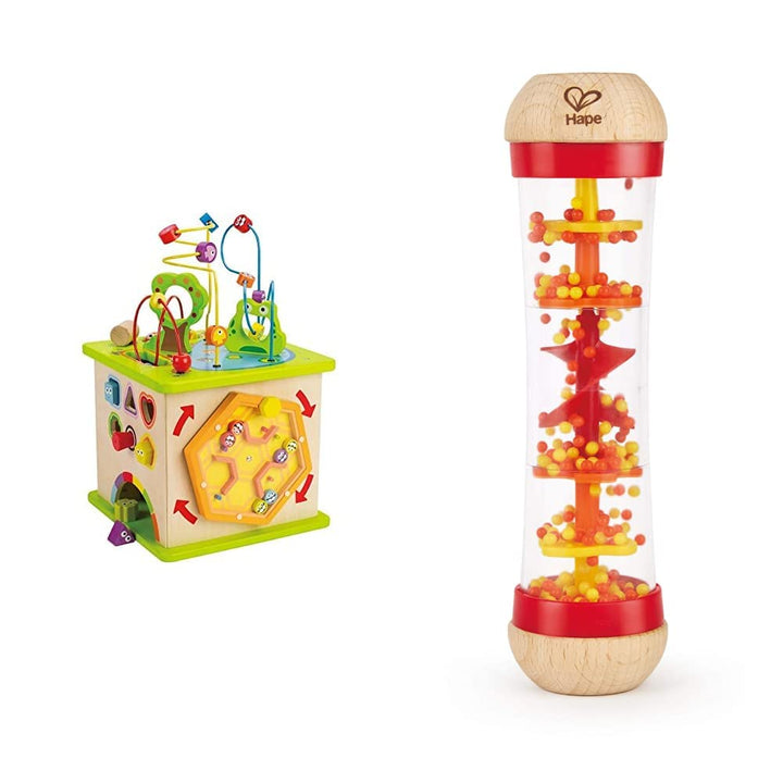 Hape E1810 - Motorikwürfel Kleine Tierchen, aus Holz, ab 12 Monate & Regenmacher | Mini-Rassel aus H