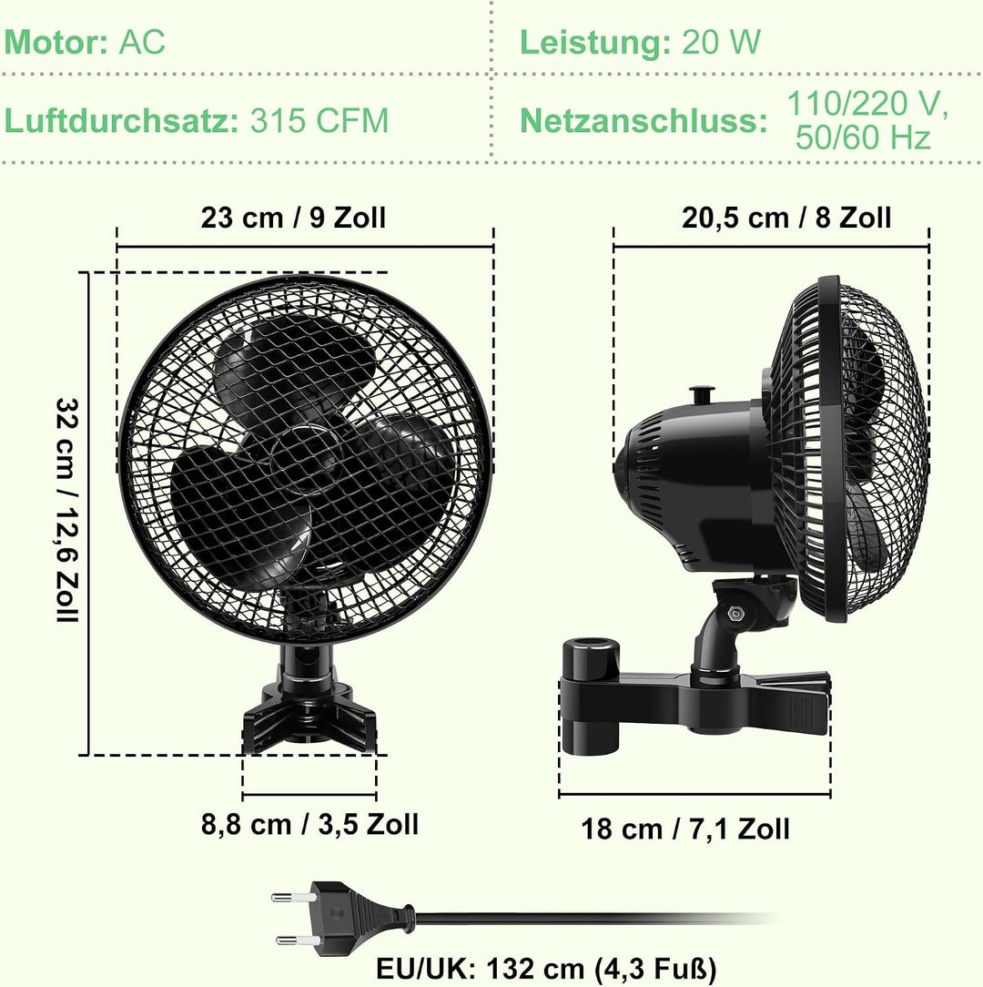 Oszillierender Grow Ventilator mit 2 Stufen, Clip Lüfter 20W | Stabiler Metallschutzgitter, Hitzebes