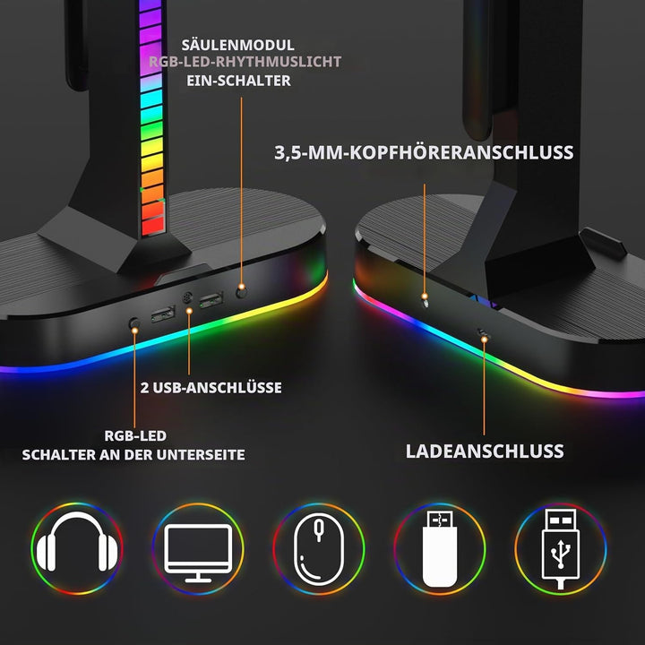 ALACOO Dual Headset Halterung mit LED-Beleuchtung, Headset Ständer RGB, Kopfhörer Ständer, Gaming Ko