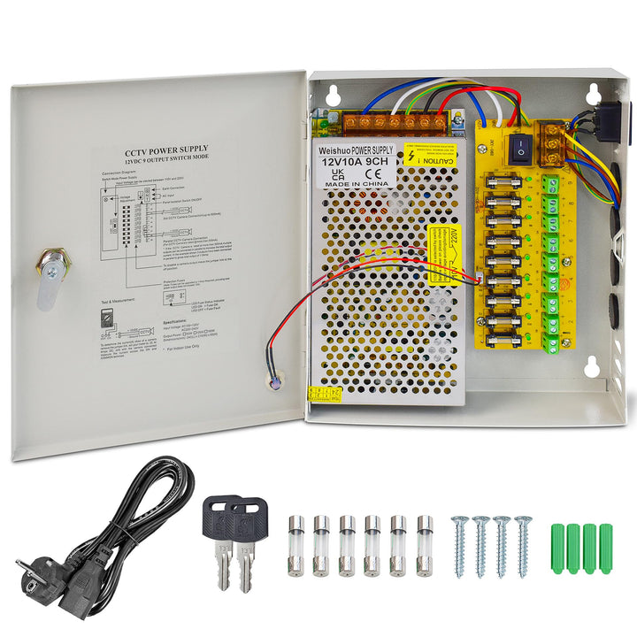 CCTV Netzteil 12V 10A DC 120W, 9 Kanal Überwachungskamera Netzteilkasten mit Metallgehäuse & Schloss