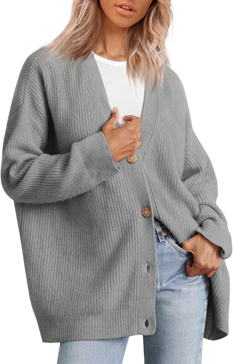 MorFansi Damen Strickjacke Strick Outwear V-Ausschnitt Vorne Offen Leicht Lockere Pullover mit Knöpf