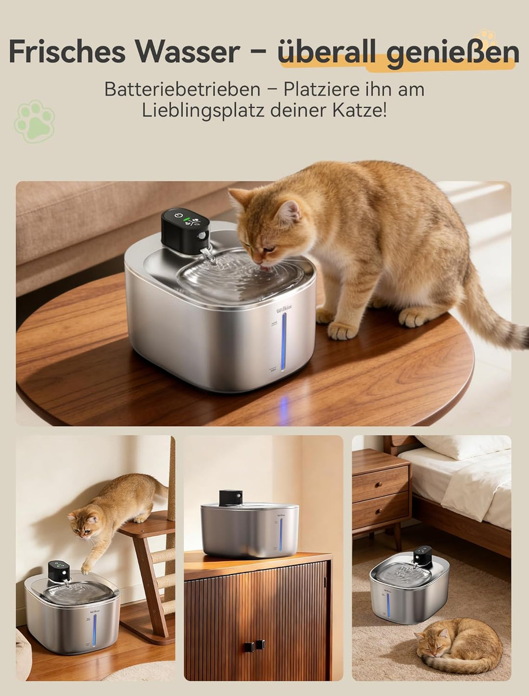 Katzenbrunnen Edelstahl,4,1 L Trinkbrunnen für Katze Kabellos, 4000mAh Akku katzenbrunnen mit bewegu
