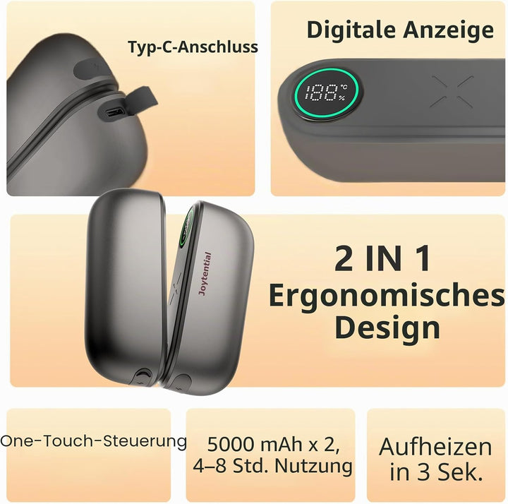 Handwärmer Taschenwärmer Elektrisch, 10000mAh 2 in 1 Handwärmer Tragbar Magnetisch, 3 Wärmestufen, T