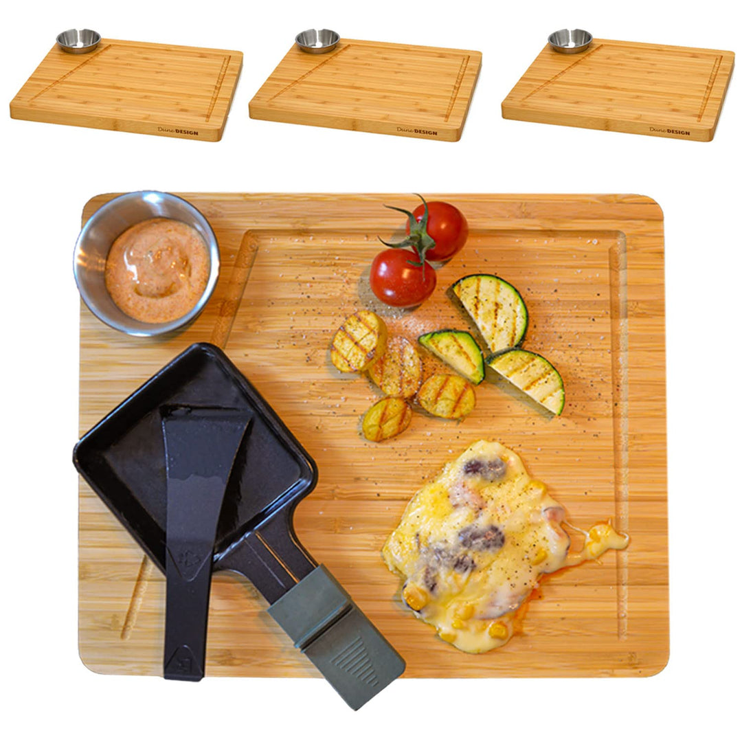DuneDesign 4 Personen Raclette Teller Set - 30x25 Raclette Brettchen Holz mit Dipschale - Raclette P