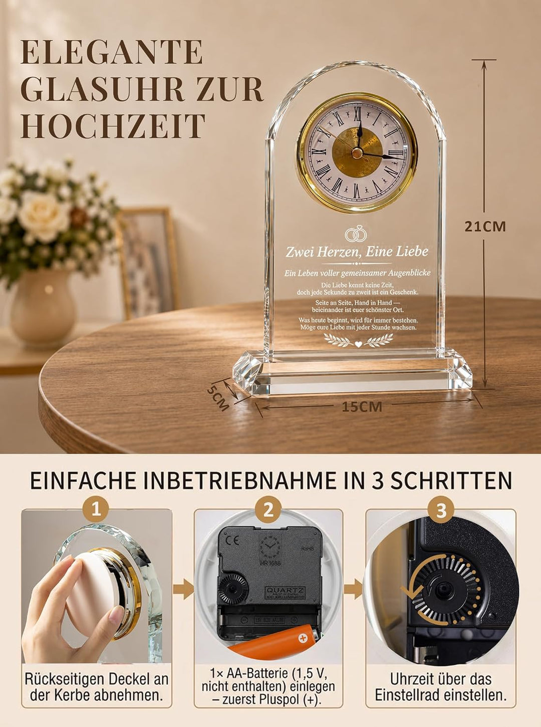 Hochzeitsgeschenk für Brautpaar - Glas Tischuhr mit Lasergravur | Frischverheiratete, Verlobungsgesc