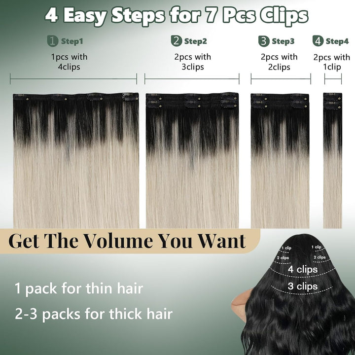 Ugeat Echthaar Clip in Extensions 120Gramm Bayalage Schwarz mit Aschblond bis Platinblond 1B/18/60 C