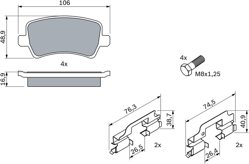 Bosch BP1149 Bremsbeläge - Hinterachse - ECE-R90 Zertifizierung - vier Bremsbeläge pro Set