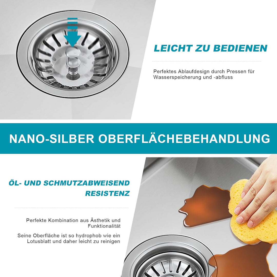 Klein Spüle Nano Silber 25 x 40cm Spülbecken, Kleine Waschbecken Küche ohne Hahnloch, 1 Becken Edels