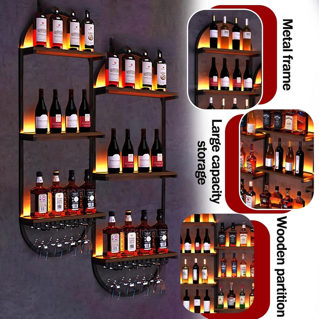 Weinregal Wand aus Metall, schwarzes schwebendes Industrieregal, 3-stufiger Wandmontage Wine Display