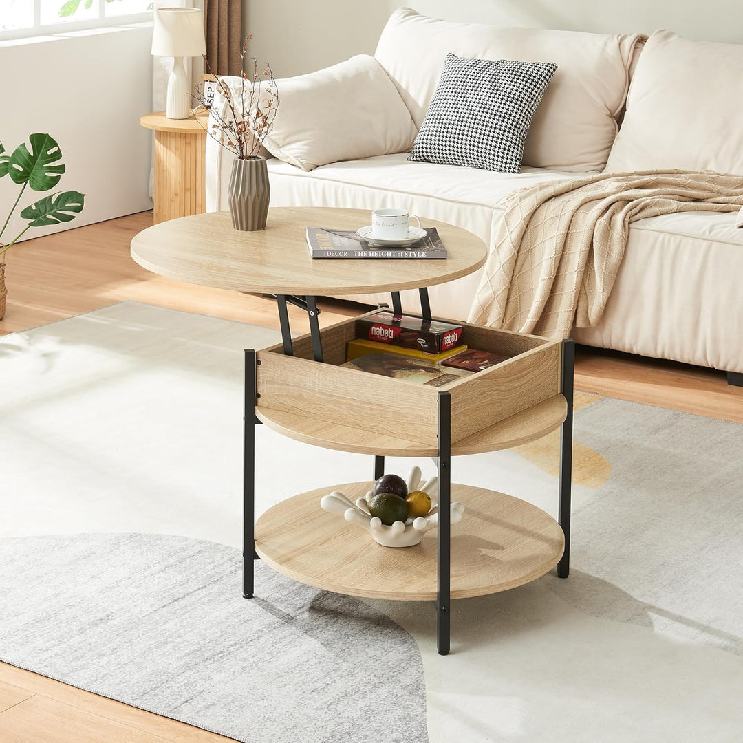 [en.casa] Couchtisch mit Hebeplatte rund Kandas Wohnzimmertisch mit Stauraum Ø70 x 49 cm Kleiner Tis
