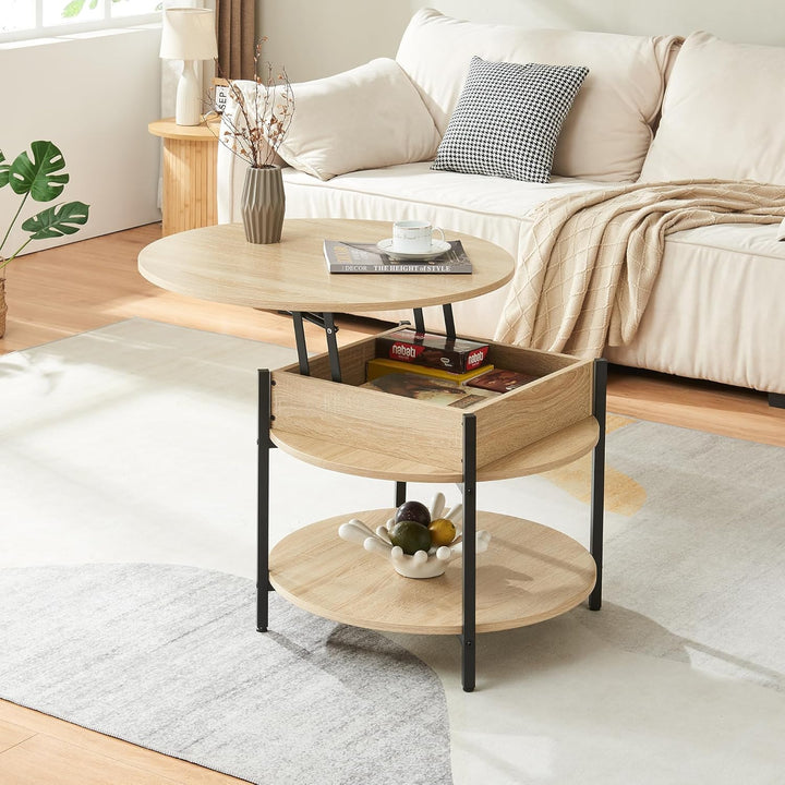 [en.casa] Couchtisch mit Hebeplatte rund Kandas Wohnzimmertisch mit Stauraum Ø70 x 49 cm Kleiner Tis