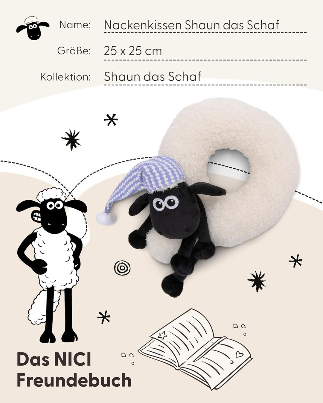 NICI Nackenkissen Kinder Shaun das Schaf 25x25cm - Nackenhörnchen - Flauschiges Kinderkissen für Mäd